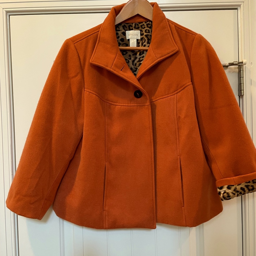 Chico’s size 1 orange jacket with animal print